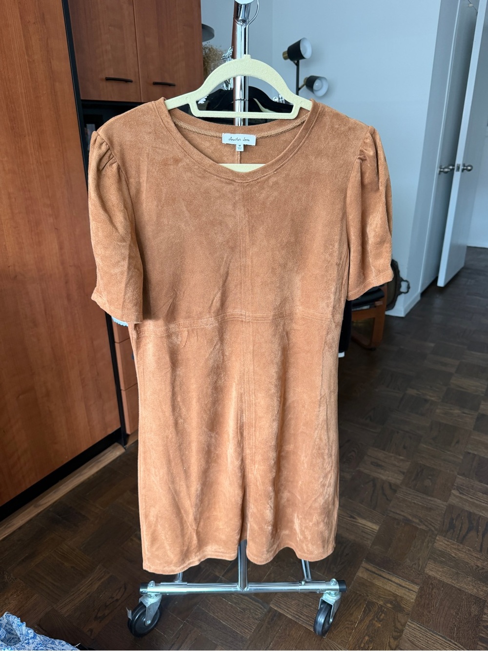 Suede-Look Tan Short Sleeve Dress